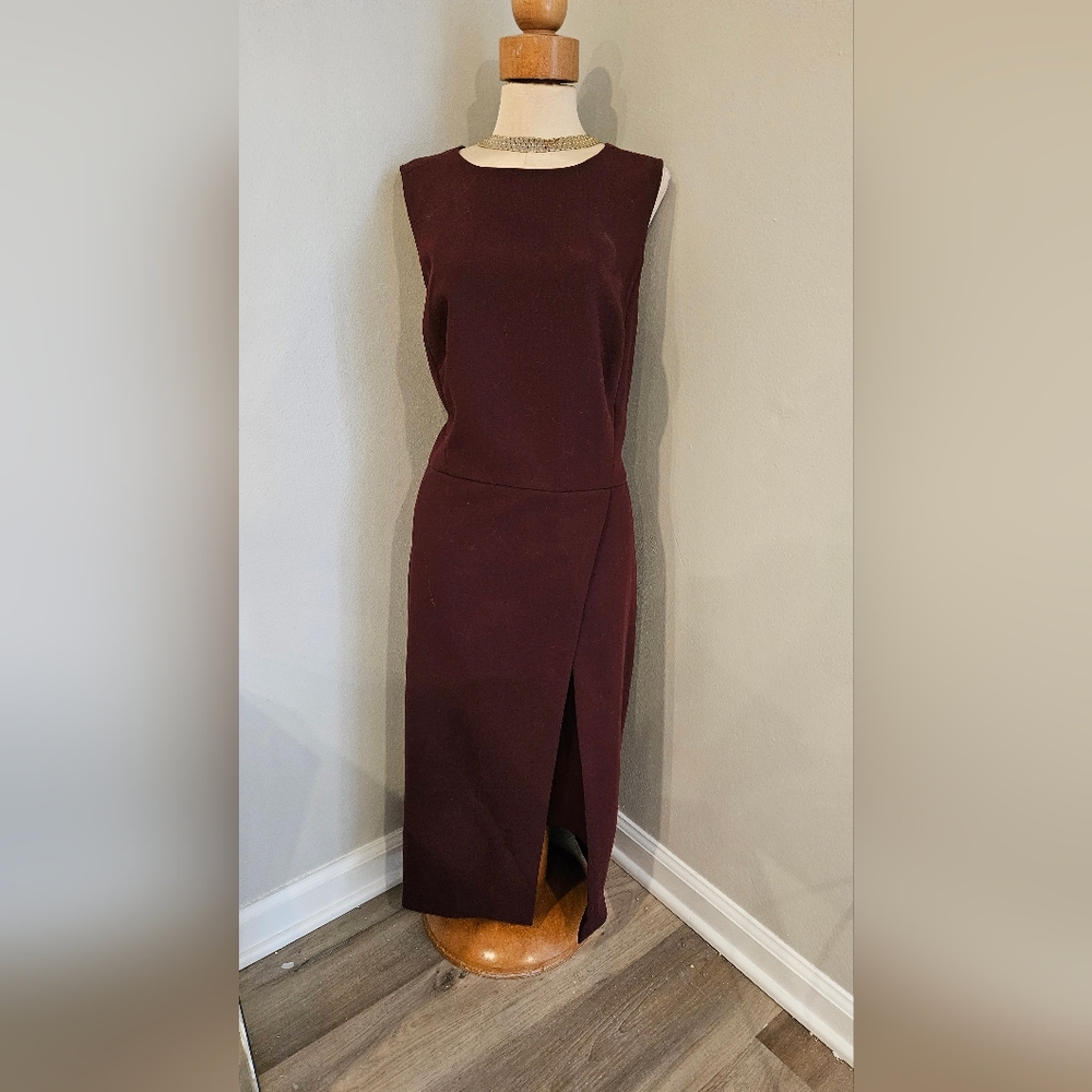 WHITE HOUSE BLACK MARKET BURGANDY WINE SPLIT FRONT MIDI DRESS